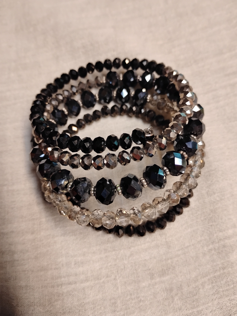 Spiral Faceted Beaded Bracelet - Black and Silver